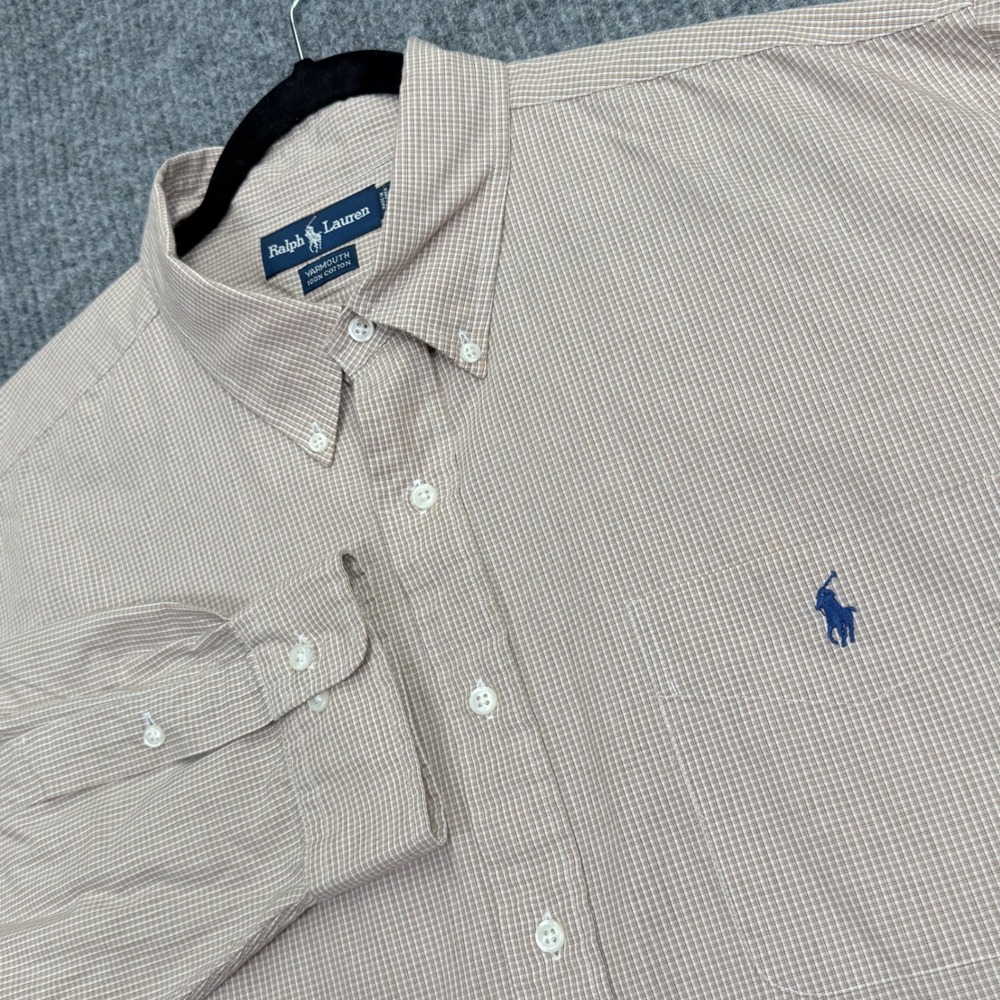 Ralph Lauren Yarmouth Mens 18 34/35 Tan Micro Check Cotton Button Down Shirt
